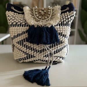 Steve Madden RARE Bohemian Navy and Cream Tassel Bag